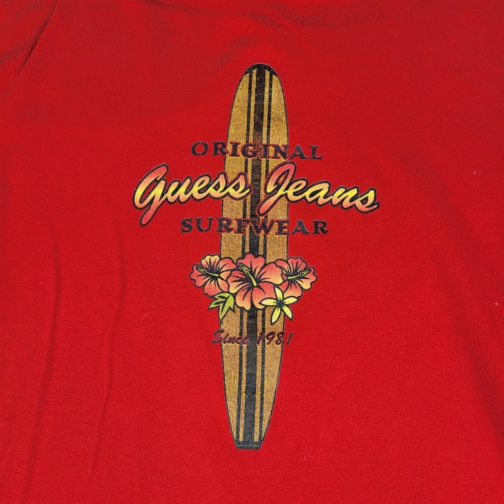 VTG Guess Jeans Shirt Mens Medium Red Long Sleeve Crew Neck Surfing 90s USA Made